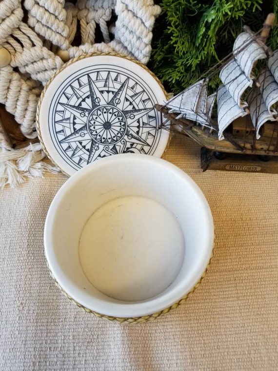 Charming Nautical Themed Melamine Treasure Box. This Heavy Round Lidded Melamine Box Features Rope Motif and Sailing Ship Nautical Images. Etsy