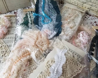 Vintage and antique lace and tatting snippets. These romantic lace bundles are perfect for junk journaling. Variety of lovely color themes.