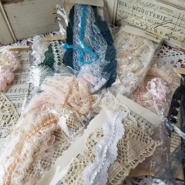 Vintage and antique lace and tatting snippets. These romantic lace bundles are perfect for junk journaling. Variety of lovely color themes.