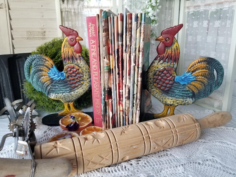 Fabulous Heavy Farmhouse Rooster Bookendss. These Colorful Heavy Cast ...