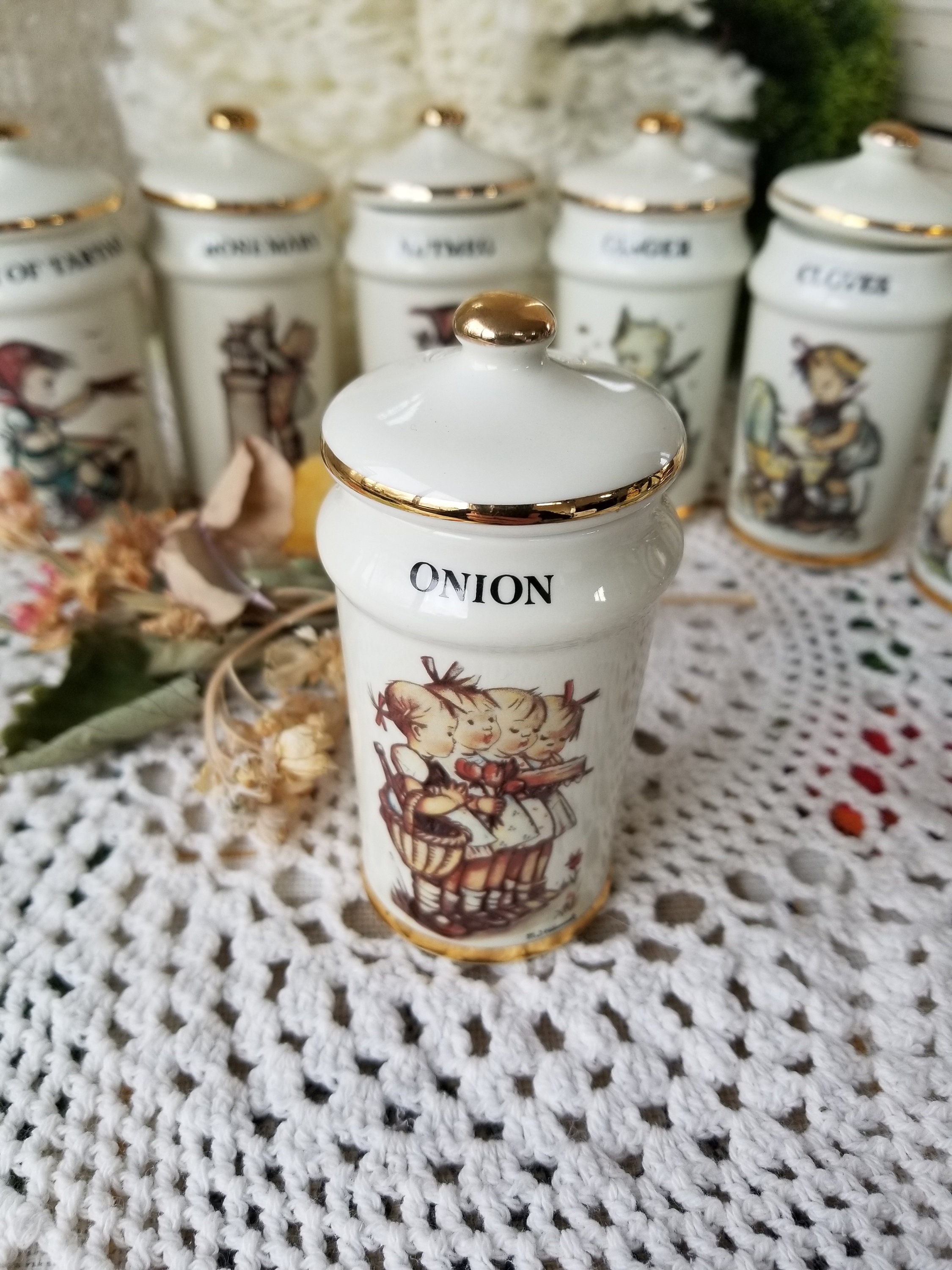 Adorable MJ Hummel Porcelain Spice Jar. This Beautiful Porcelain Dried Onion Jar is Adorned Artwork From Hummel Accented With Gold Gilding. Etsy