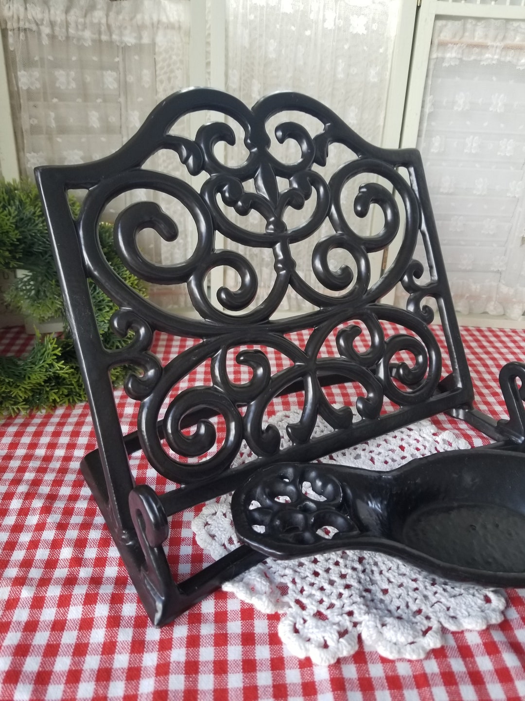 Heavy Black Cast Iron Recipe Book Stand and Spoon Rest. This Recipe Holder and Spoon Rest Are