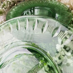 May include: Two translucent light green glass plates featuring a decorative etched pattern along the rim. The design consists of repeating vertical lines and small circular motifs arranged in a band around the edge of each circular plate.
