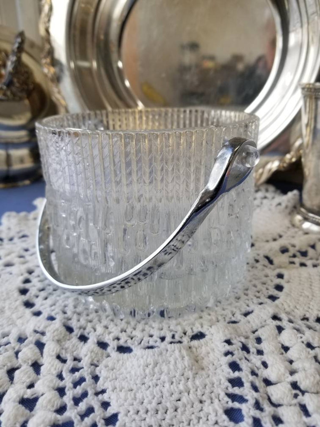 Beautiful Heavy Clear Glass Ice Bucket With Chrome Handle. This Small