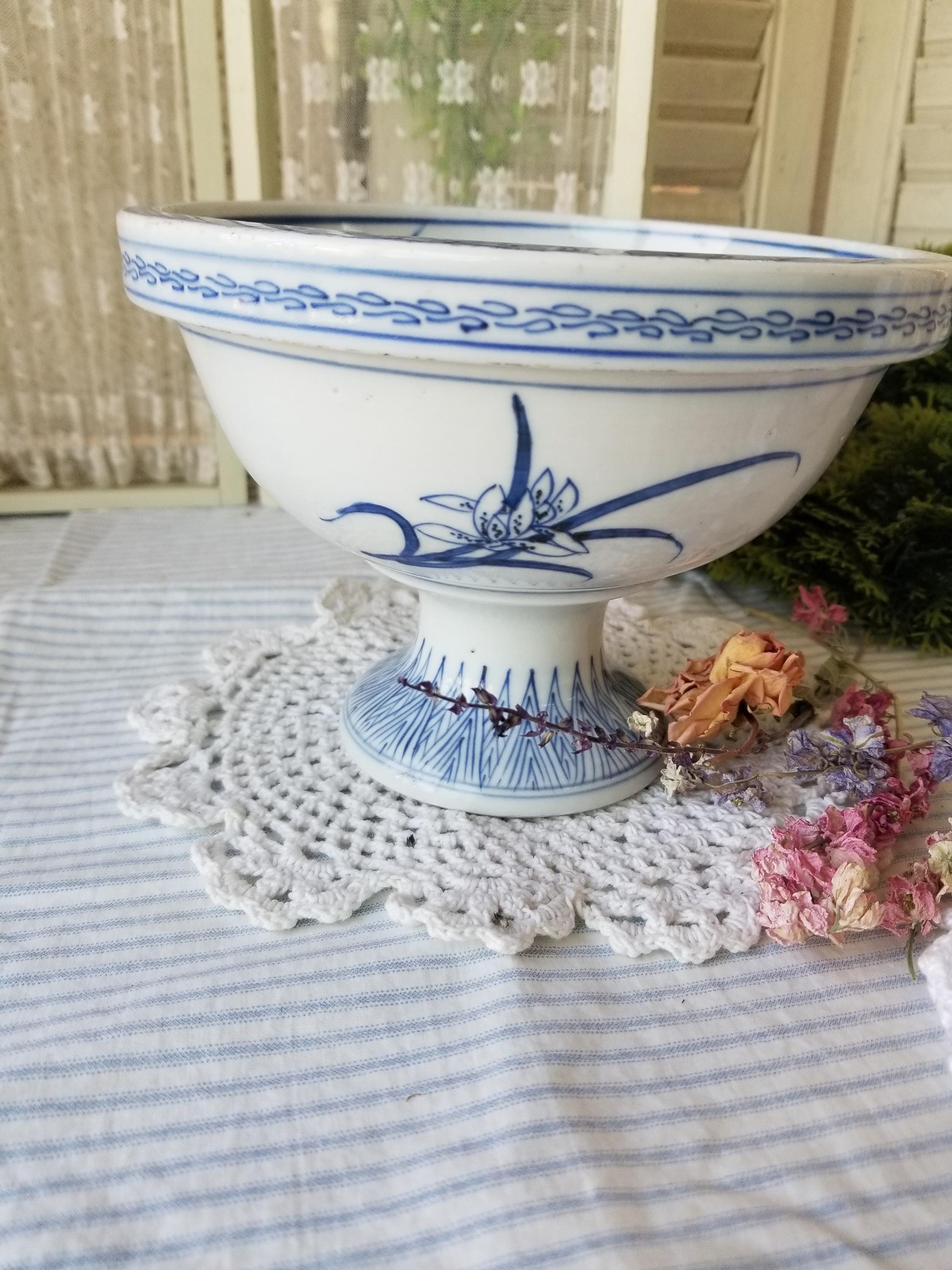 Gorgeous Blue and White Iris Adorned Pedestal Bowl. This