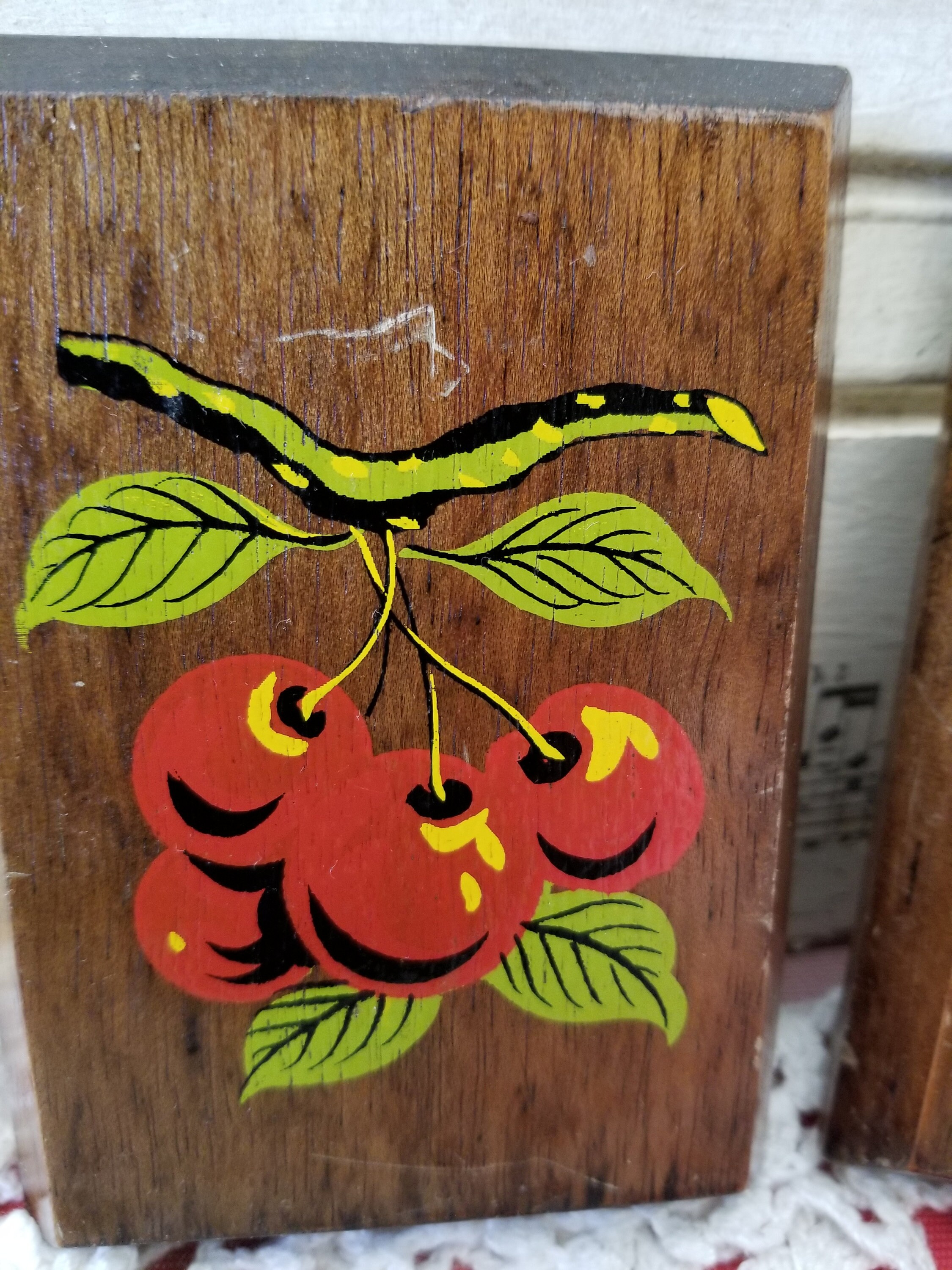 Adorable midcentury fruit on wood wall hanging Trio. This Etsy