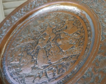 Antique Hand Etched Middle Eastern Copper Tray. This Heavy