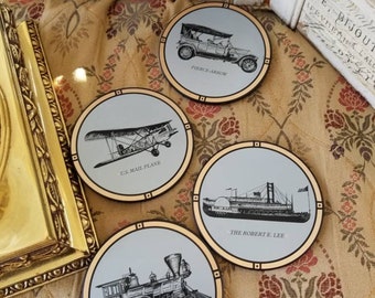 Charming set of 4 American early industry coasters. Planes, Trains Ships, and Automobiles are all covered in these Industrial Age coasters.