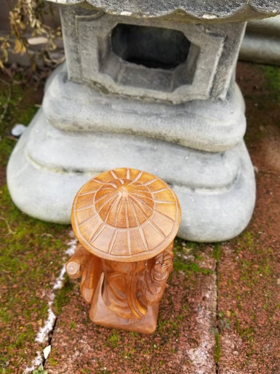 Jovial Hand Carved Wood Chinese Elder Statue. Look at the