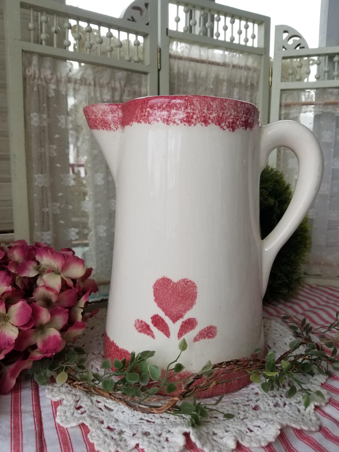 Vintage Farmhouse Pink Heart Spongeware Pitcher. This Gorgeous Old ...