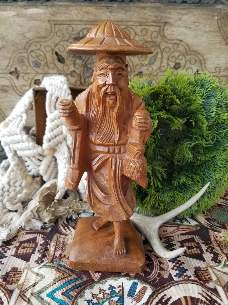 中国　骨董品　人形　木製　自在人形 Jovial Hand Carved Wood Chinese Elder Statue. Look at the