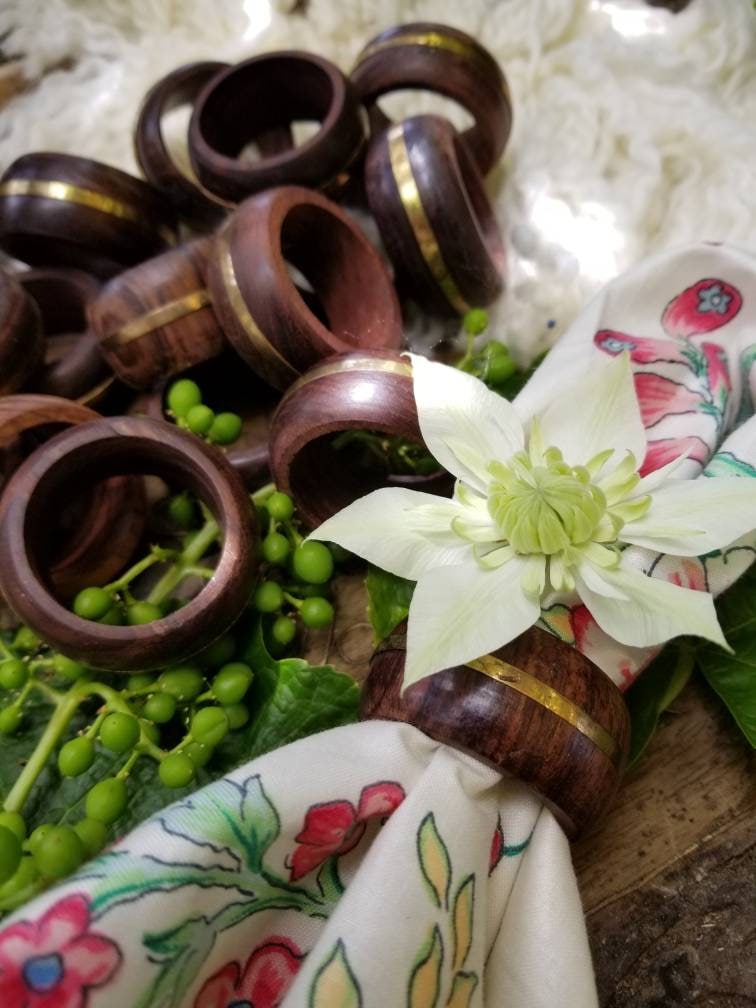 Set of 16 hardwood napkin rings These dark wood and Brass napkin rings would be perfect for a garden or boho wedding Fab for