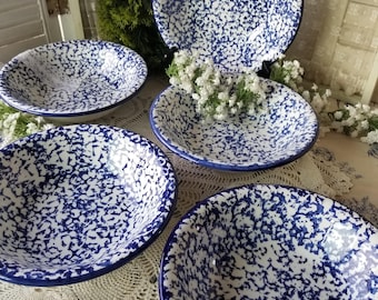 Sweet set of 5 blue and white Italian bowls. These Charming 5 vintage spongeware Crate & Barrel bowls belong in your farm house kitchen.