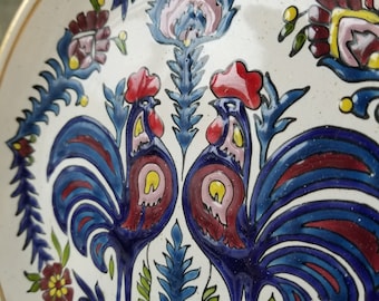 Vibrant hand-painted plate from Rhodes Greece. This colorful rooster and flower adorned dakas ceramics plate speaks of Grecian life and joy.