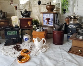 Charming selection of vintage coffee grinders. You choose from these 9 rustic coffee grinders for your farmhouse kitchen your coffee bar.
