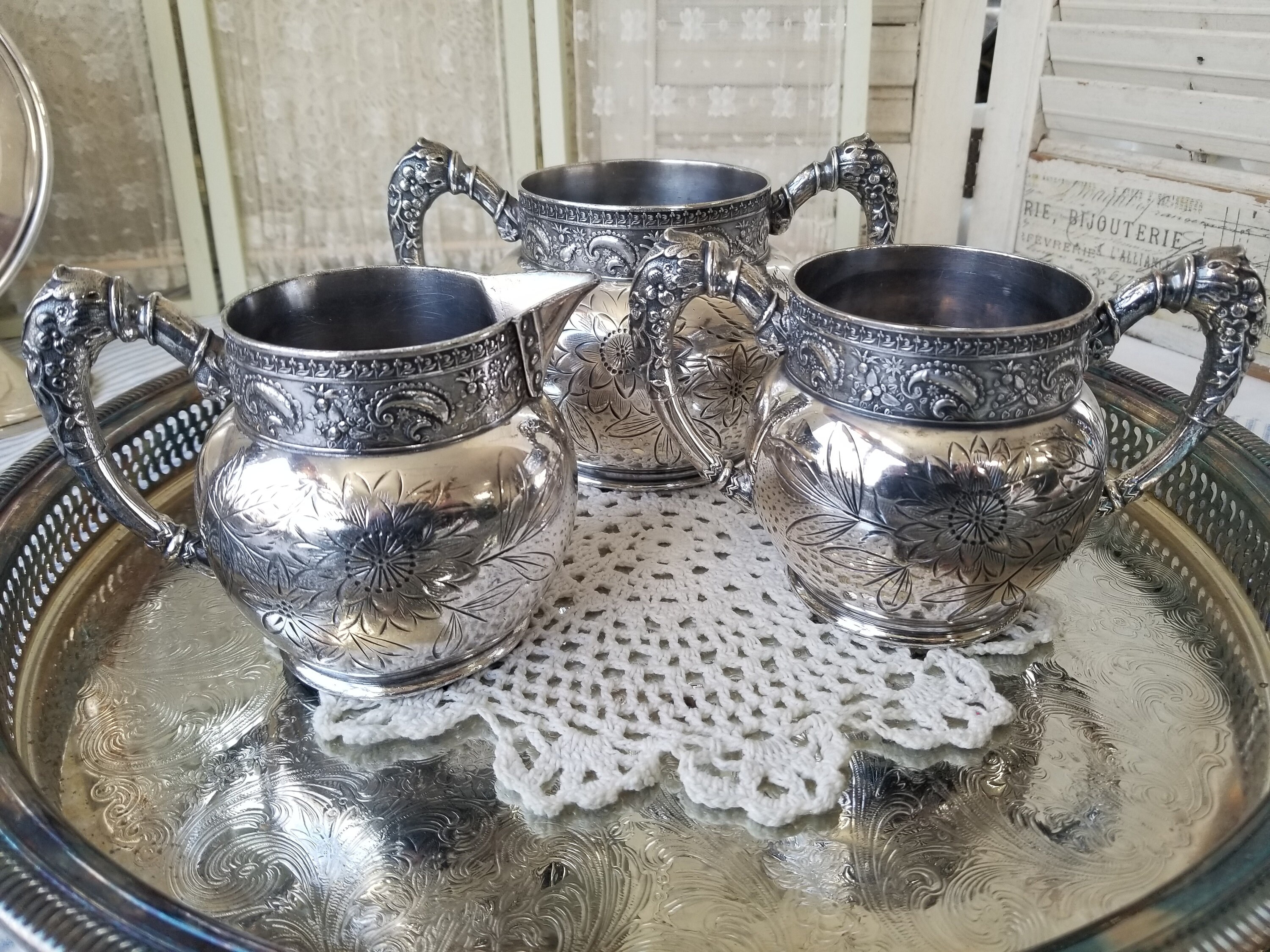 Delicious Antique Silver Plated Creamer Sugar and Loose Leaf