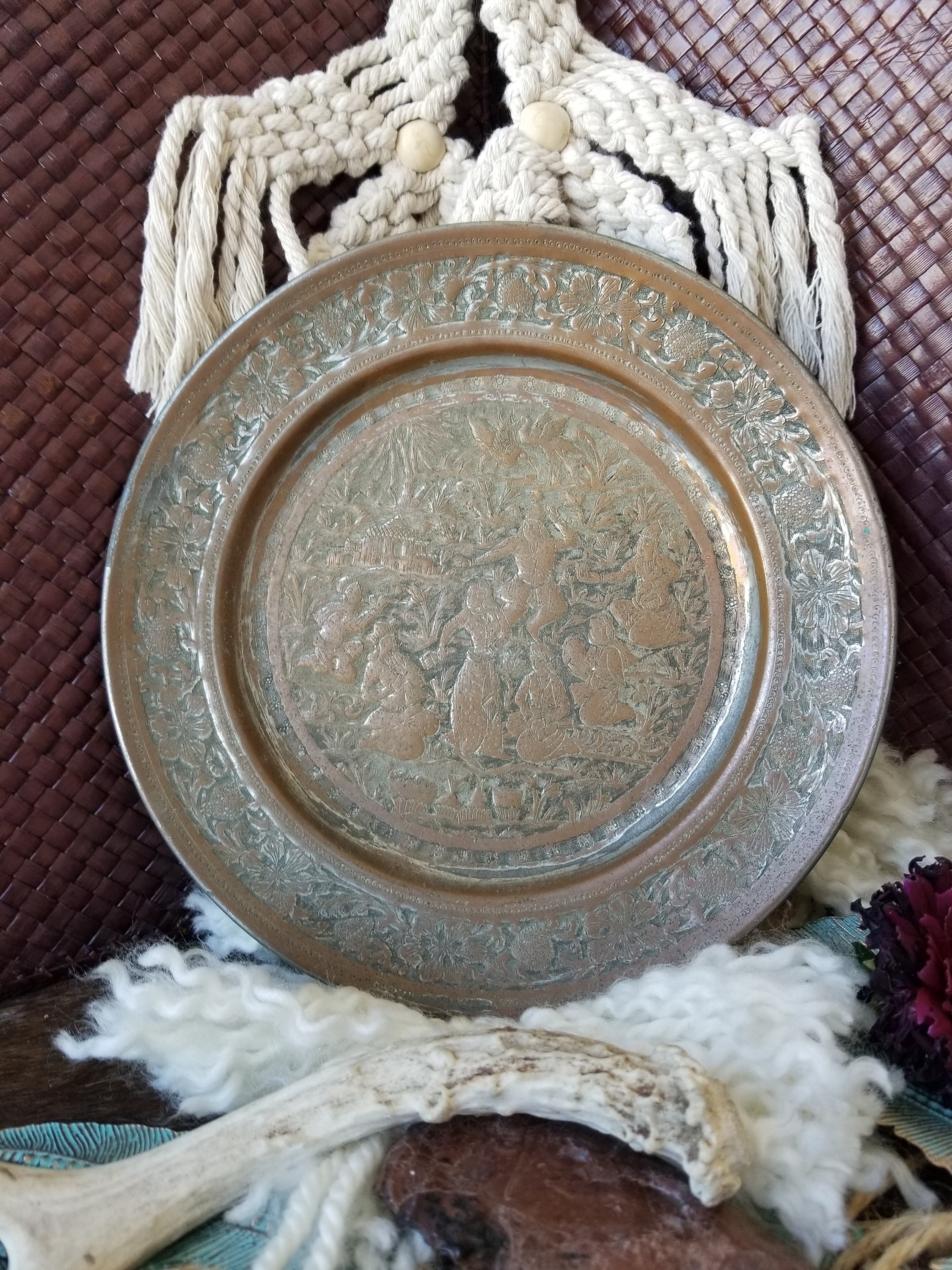 Antique Hand Etched Middle Eastern Copper Tray. This Heavy