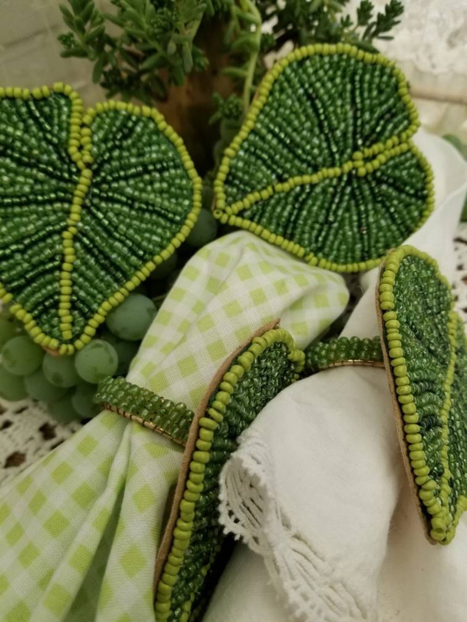 Lively green leaf beaded napkin rings. This set of 4 glass Etsy