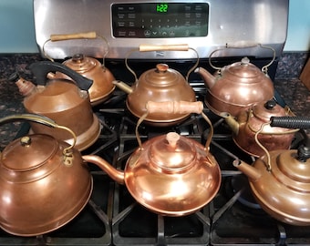 You choose from 8 Charming copper tea kettles. These vintage copper teapots are in varying degrees of age, size, use and manufacturers.
