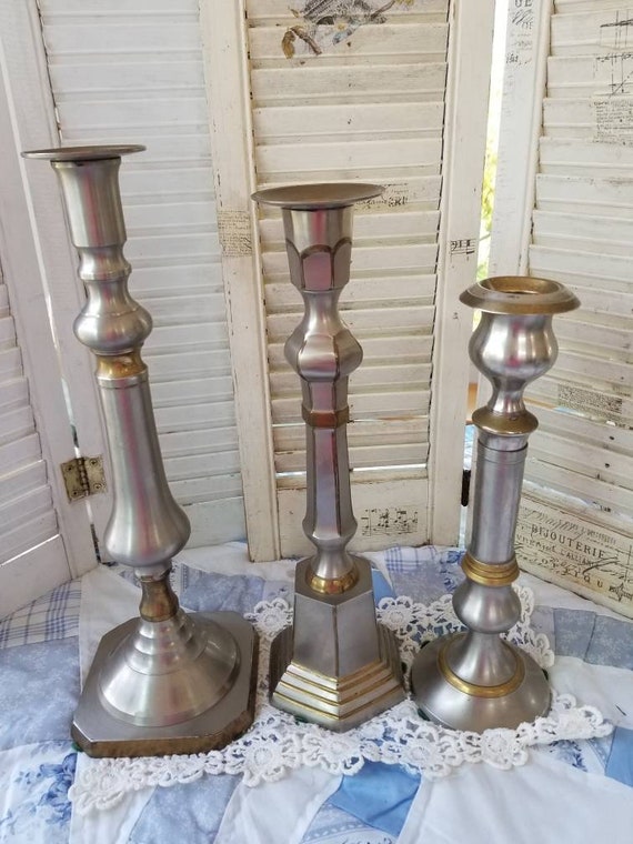 Trio of Heavy Silver Finished Brass Candlesticks. These Huge Regal