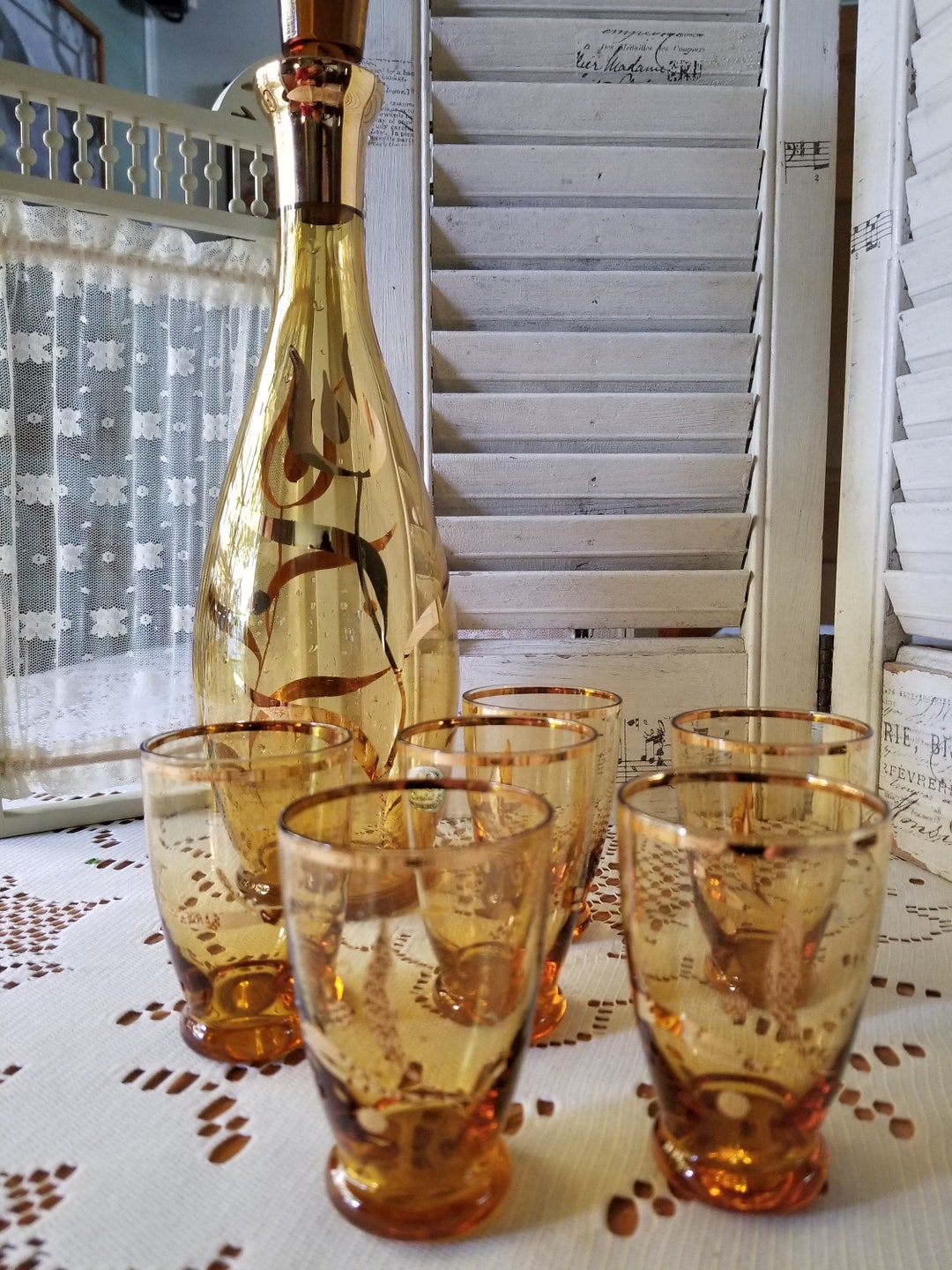 Stylish Bohemian Amber Crystal Decanter and 6 Matching Glasses. This