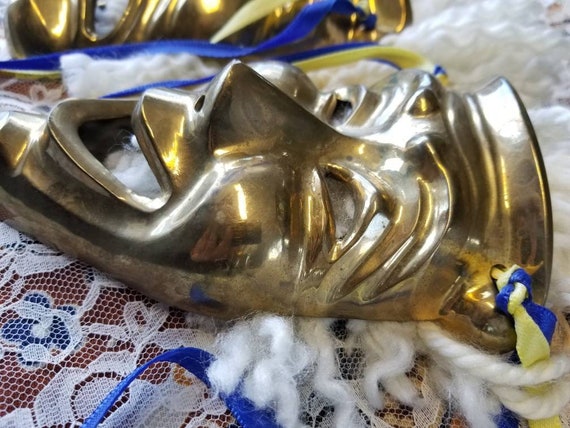 Fabulous Pair of Heavy Brass New Orleans Mardi Gras Muse and Tragedy Masks.  These Two Mardi Gras Vintage Brass Hypocrite Mask Are Fabulous. 