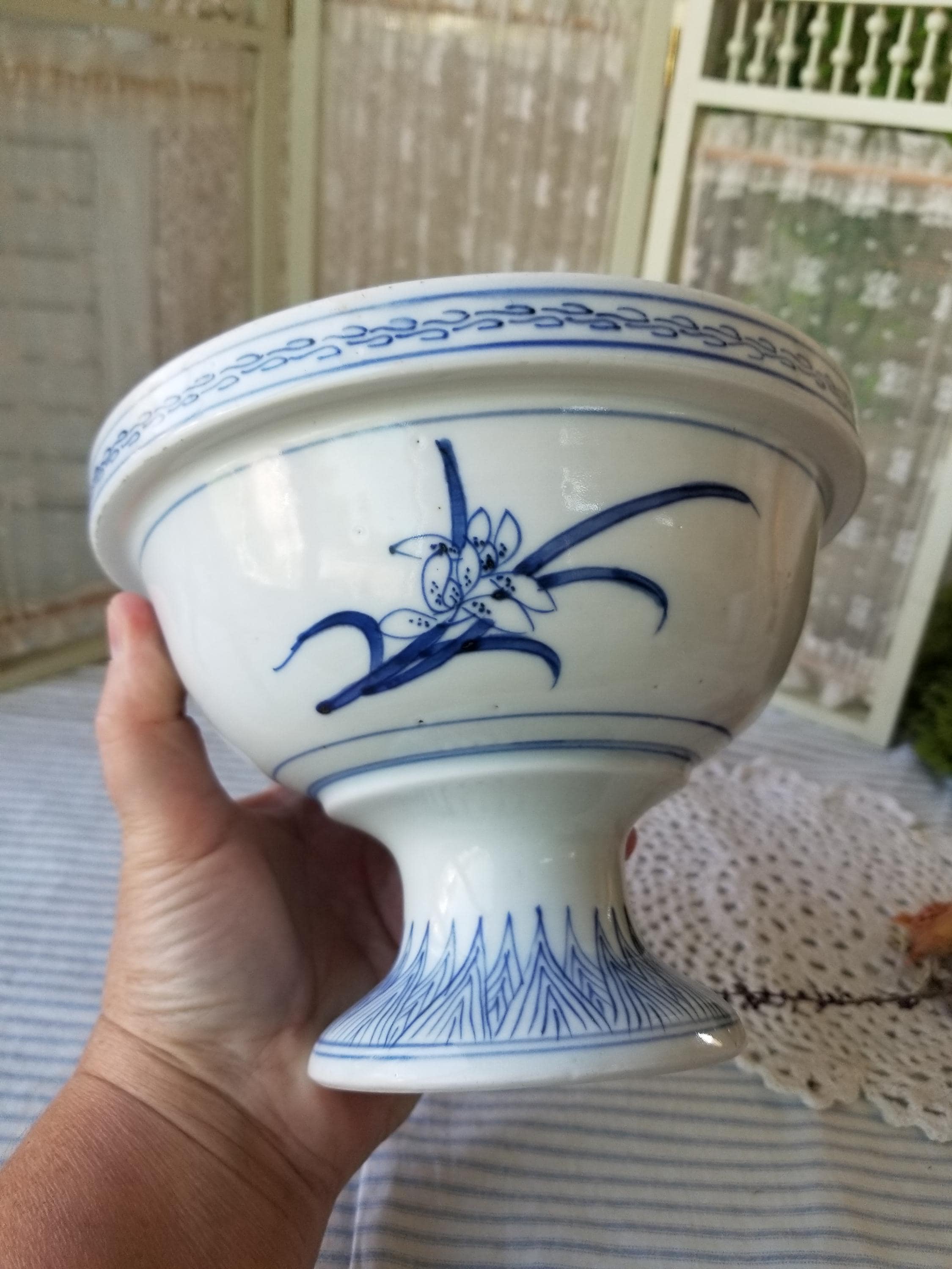 Gorgeous Blue and White Iris Adorned Pedestal Bowl. This