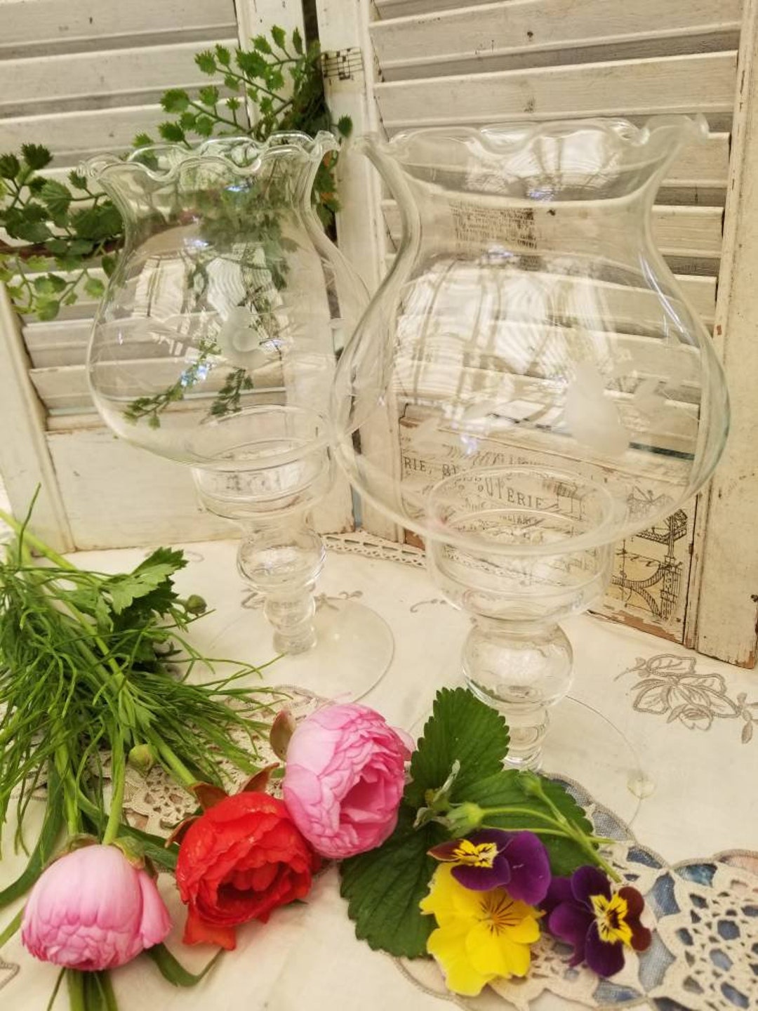 Delicate Pair of Princess House Hurricane Candle Holders. This Pair of