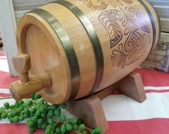 Vintage USSR whiskey oak Barrel with stamped design. This small vintage old Russian oak cask is a cool bar decor element.