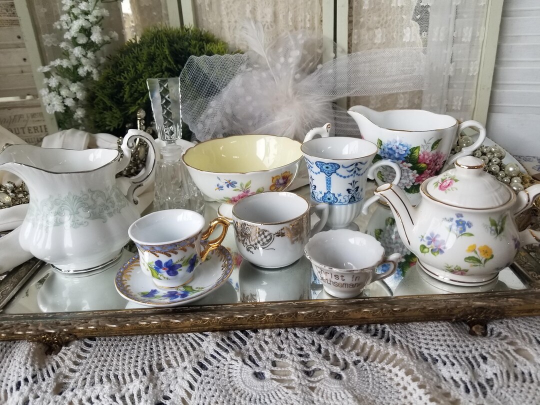 Beautiful Selection of 8 Tiny Gold Gilded Teacups, Teapots and Creamers ...
