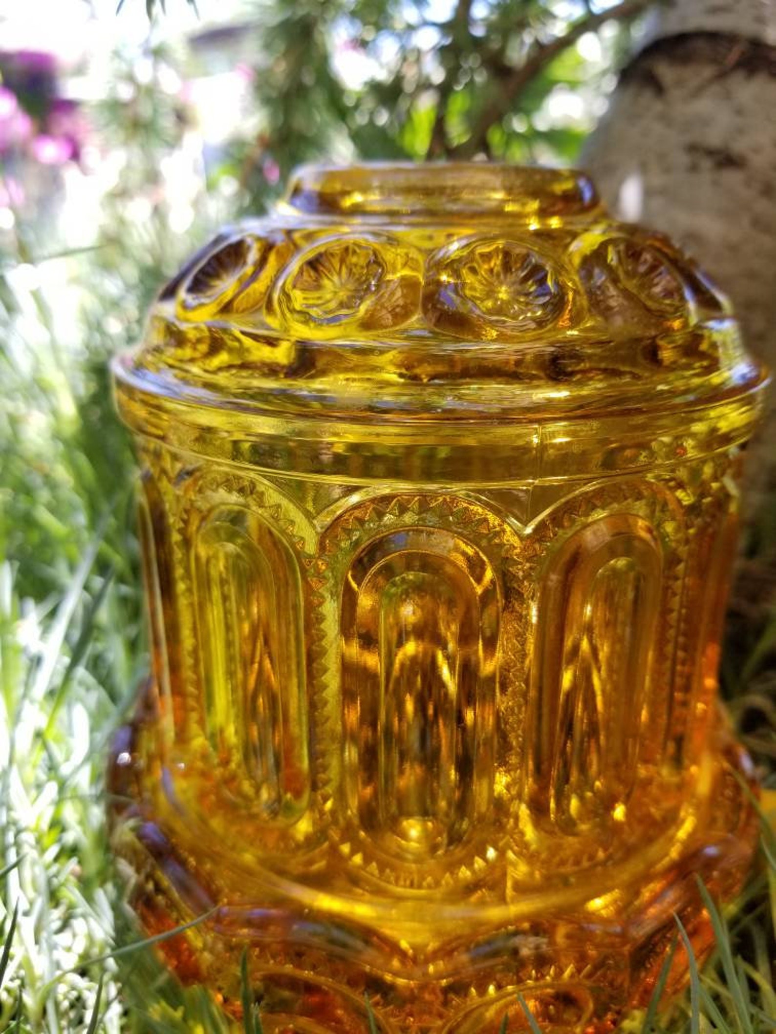 Delicious amber glass hurricane candle holder. This L. E.Smith Etsy