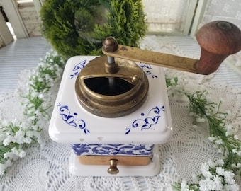 Vintage Italian porcelain hand crank coffee grinder. This rustic porcelain coffee grinder is perfect for your French Farmhouse kitchen.
