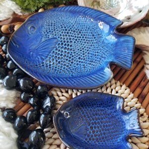 May include: Two blue ceramic fish-shaped serving dishes. The larger dish is in the foreground, with a smaller one behind it. Both have textured surfaces and detailed fins. The dishes are on a bamboo mat with decorative elements.