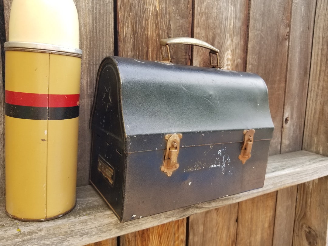 Rusty Crusty Old Domed Metal Lunch Box. This Five Pointed Star Black