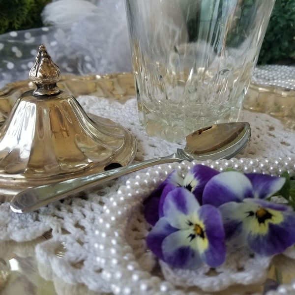 Vintage silver and glass jelly or marmalade compote serving dish. This sweet glass and silver marmalade server comes with a Sheffield spoon.