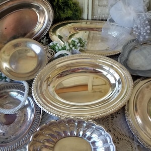 Selection of small silver plated trays. Your choice of 8 silver plated trays. Each could be used in a multitude of Farmhouse silver styles.