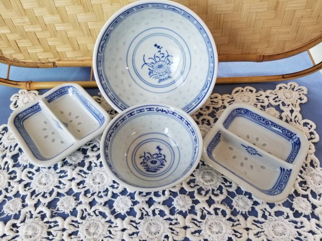 Delightful Selection of Blue and White Rice Pattern Chinese Dishes