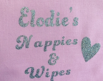 Personalised Pink nappy bag. Great for nappies & wet wipes.