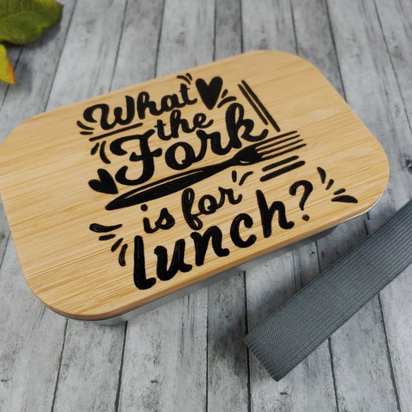 Bento box with bamboo lid, funny saying lunch box, what the fork is for lunch design