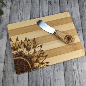 Eco-friendly bamboo cutting board cheese knife set, Sunflower inspired wood burned kitchen tools, Housewarming hostess gift