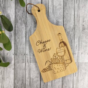 Cheese and wine motif cutting board sign, wood burned bamboo shelf decor, eco friendly housewarming gift
