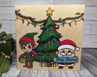 Santa and elf merry christmas sign, Colorful wood burned holiday art, wood canvas seasonal decor