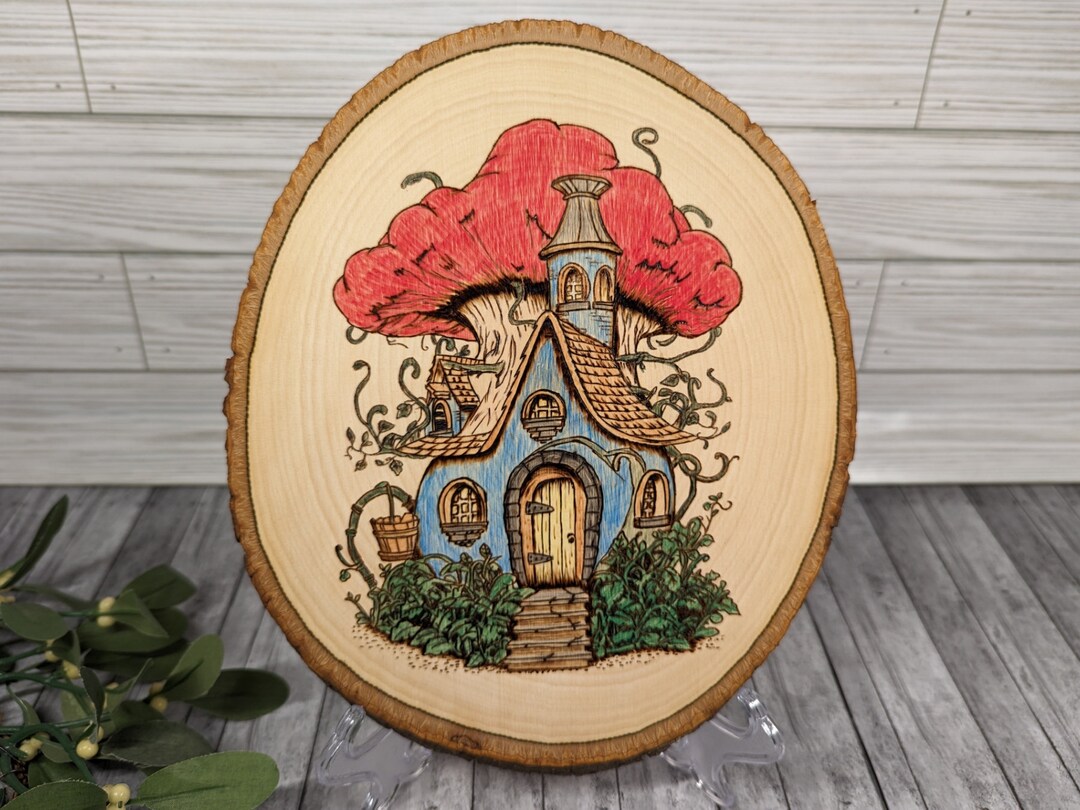 Mushroom Fairy House Wall Art, Wood Burned Cottagecore Picture, Rustic