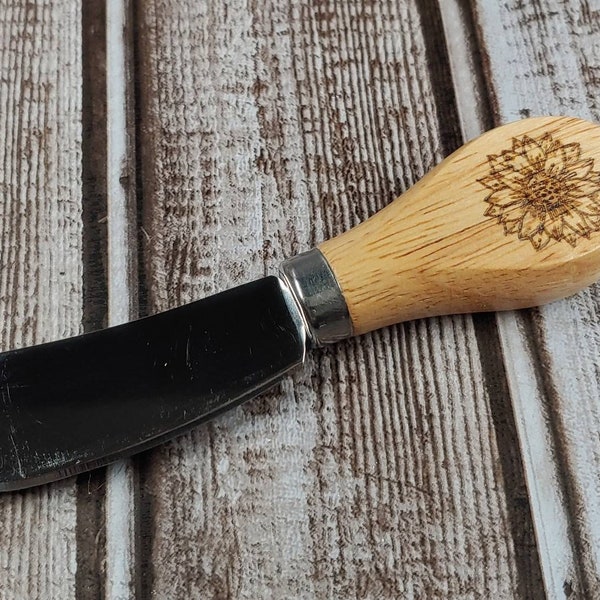 Sunflower rustic cheese knife, wood burned bamboo handle jam spreader, Country farmhouse butter knife