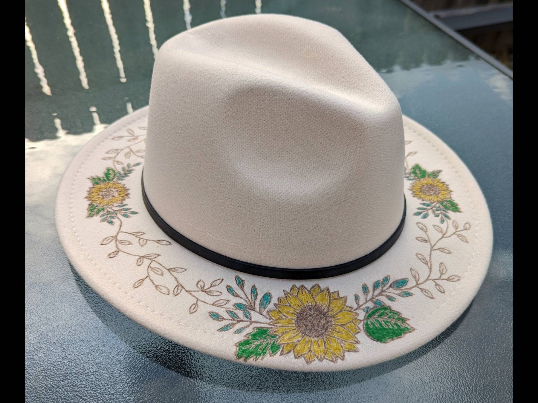 Wide Brimmed Sunflower Hat, Burnt Felt Rancher Style, Womens 
