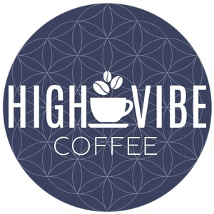 May include: A white logo on a dark blue circle background with a geometric pattern. The logo says "HIGH VIBE COFFEE" with a stylized coffee cup and beans.