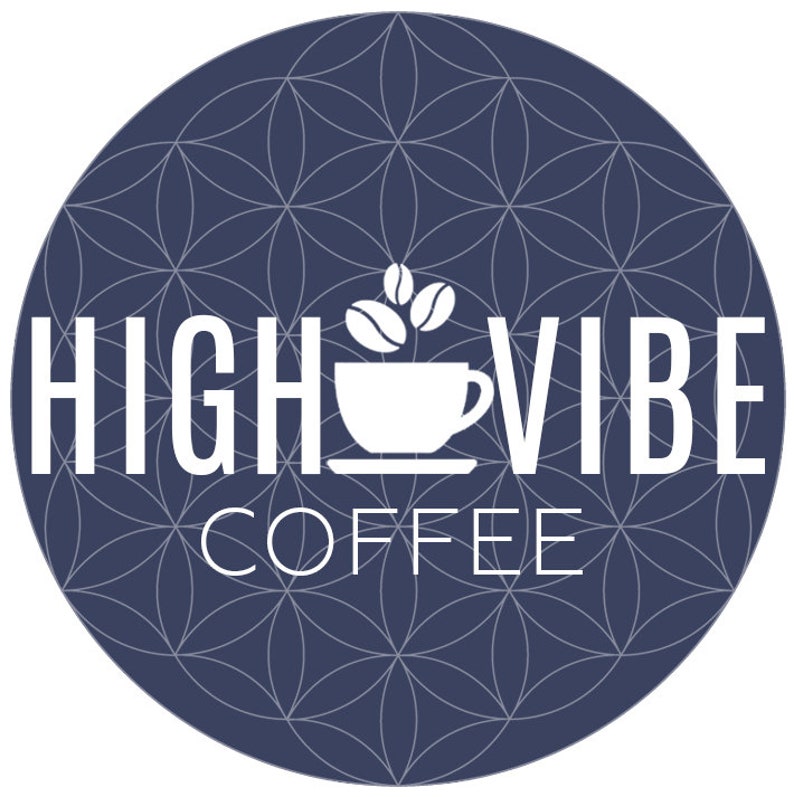 May include: A white logo on a dark blue circle background with a geometric pattern. The logo says "HIGH VIBE COFFEE" with a stylized coffee cup and beans.
