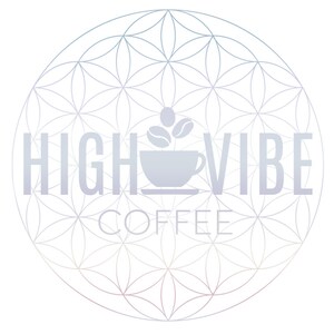 May include: A white logo with the text "HIGH VIBE COFFEE" in a circular design with a flower of life pattern in the background. A white coffee cup with three coffee beans on top is in the center of the logo.