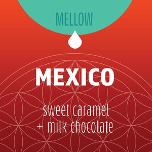 Op de afbeelding: Een rode en oranje verloopachtergrond met een wit geometrisch patroon. De tekst "MELLOW" staat in een tealblauwe cirkel bovenaan de afbeelding. Een witte druppel hangt aan de cirkel. De tekst "MEXICO" staat in wit onder de cirkel. De tekst "sweet caramel + milk chocolate" staat in wit onder de tekst "MEXICO".