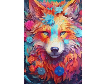 Colorful Wolf Puzzle | Floral Artwork Jigsaw, Creative Gift